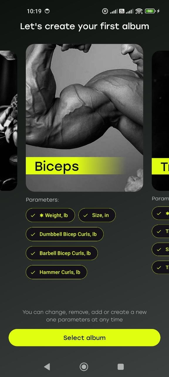Body-part progress photo albums — abs, biceps, chest and back tracked in Fitness Camera