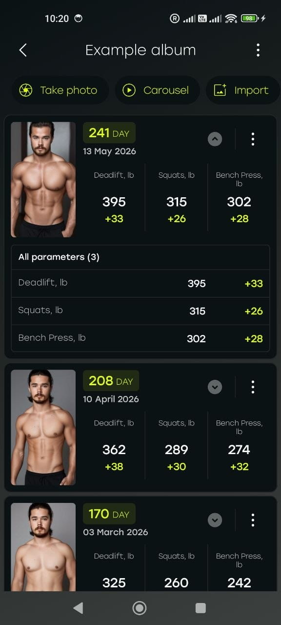 Weekly progress feed with waist, hip and chest measurements logged by date