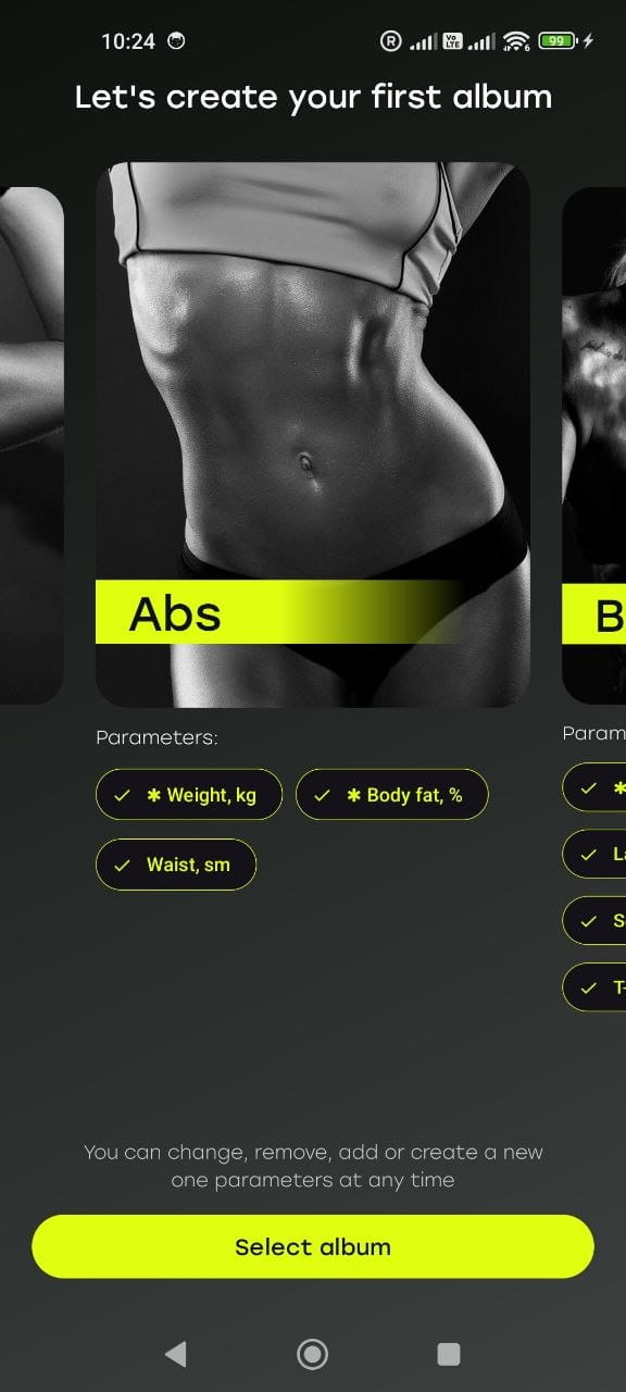 Custom parameters logged with every photo — weight, body-fat percentage, lift numbers